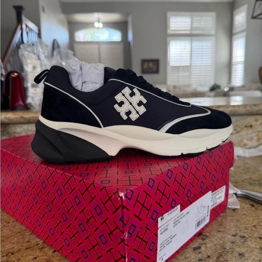 New Tory Burch GOOD LUCK TRAINER NYLON / SUEDE In Perfect Black Size 9